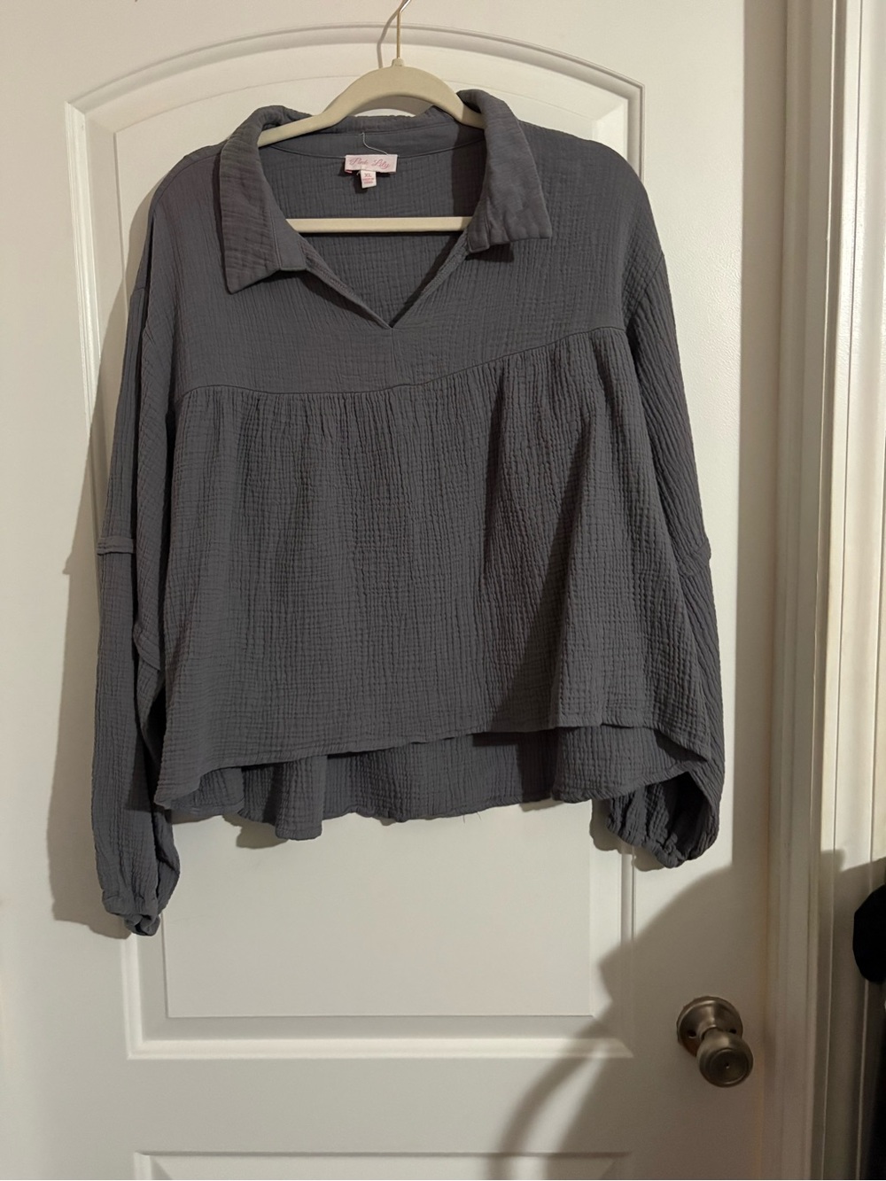 Pink Lily Gray Collared Gauze Long-Sleeve Top
